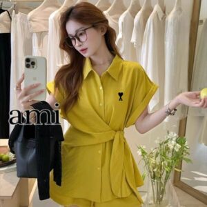 [국내배송]아미 자수로고 셔츠 리본묶음 반바지 세트